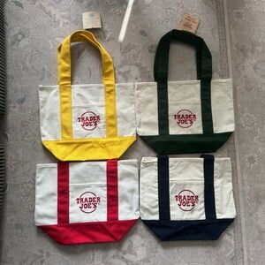 Trader Joe's mini Canvas Tote Bags Set yellow, green, red, and blue NWT